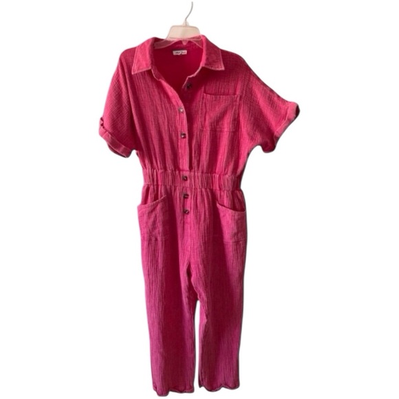 White Birch Pink Gauze Button-Up Jumpsuit | Size Large  boho beachy cottagecore - Picture 12 of 15